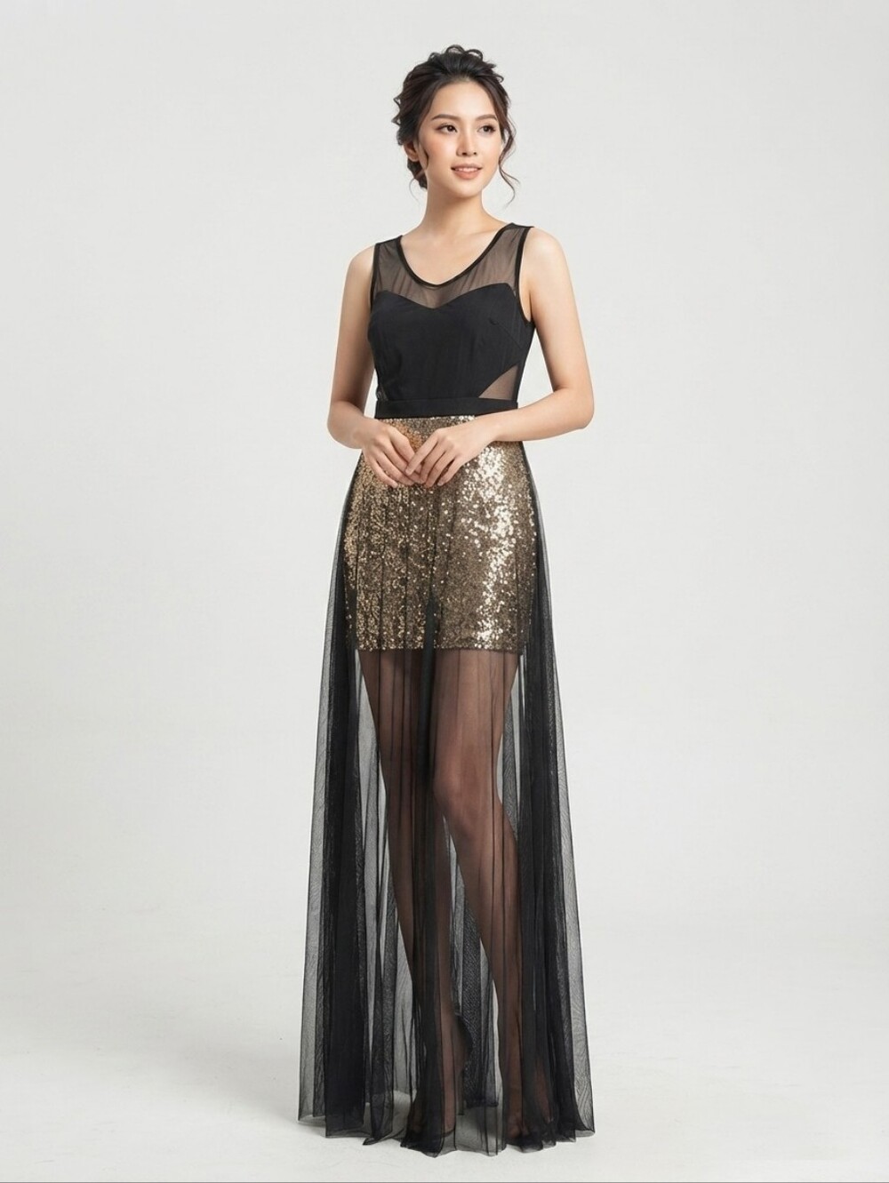 NEW Black Mesh & Gold Sequin Overlay Gown Size 6/M